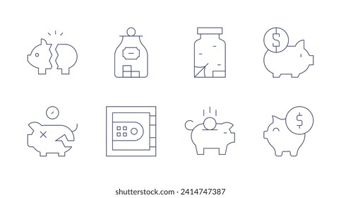 Iconos de ahorro. Trazo editable. Contienen cancha de cerdo, donaciones, alivio de la pobreza, caja fuerte, ahorros.