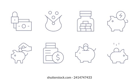 Iconos de ahorro. Trazo editable. Conteniendo dinero, bolso, negocios y finanzas, ahorros, piggybank.