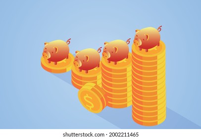 Savings increase, the price is high and the interest is high, and the piggy bank on piles of gold coins at different heights is equidistant