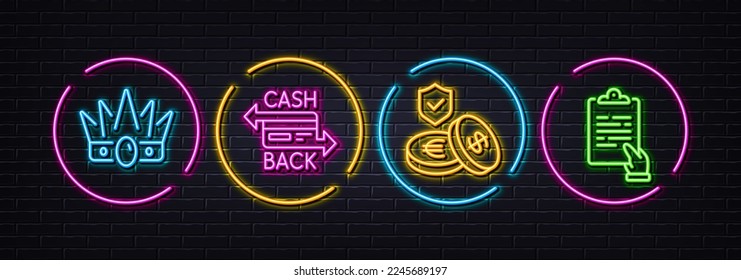 Sparen Sie Versicherung, Cashback-Karte und Kronen-Minimalsymbole. Neon Laser 3D-Lichter. Symbole in der Zwischenablage. Für Web, Anwendung, Druck. Geldwechsel, Geldzahlung, Monarchie-König. Vektorgrafik