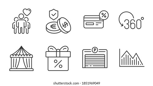 Savings insurance, Circus tent and Discount offer line icons set. Investment graph, Cashback and Friendship signs. Parking garage, Full rotation symbols. Quality line icons. Vector