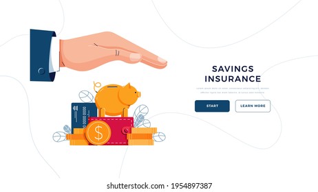 Savings insurance landing page template. Business hand covers the wealth, protects, provides security. Money protection, finance safety . Flat vector illustration