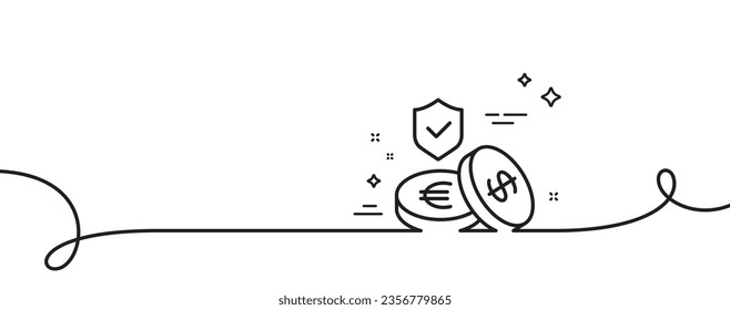 Icono de línea de seguro de ahorro. Una línea continua con curl. Signo de cobertura de riesgo. Símbolo de protección monetaria. Cinta única de esquema de seguro de ahorro. Patrón de curva de bucle. Vector