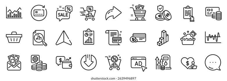 Savings insurance, Payment card and Launder money line icons pack. Share, Message, Paper plane icons. Stock analysis, Discounts cart, Ad web icon. Making money, Bribe, Grocery basket pictogram. Vector