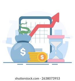 Savings and investment concept, prosperity, Investment Grows with Money Bag. long term investment. Wealth Grows with Dollar Coins, Money Bag. flat design illustration in background.