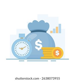 Savings and investment concept, prosperity, Investment Grows with Money Bag. long term investment. Wealth Grows with Dollar Coins, Money Bag. flat design illustration in background.