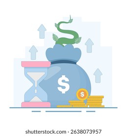 Savings and investment concept, prosperity, Investment Grows with Money Bag. long term investment. Wealth Grows with Dollar Coins, Money Bag. flat design illustration in background.