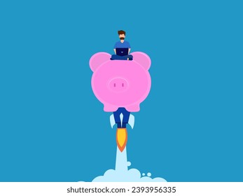 Savings and investments. man soars into the sky with a rocket piggy bank