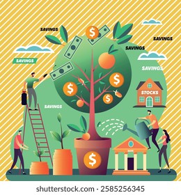 Savings and investments vector illustration. A tree that grows money. Business and teamwork concept. Stocks and bank. A colorful composition about making money. Action promotion and advertising mockup