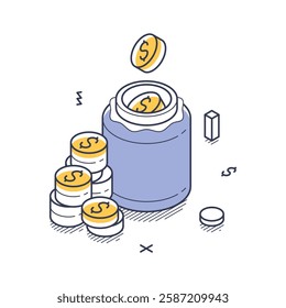 Savings jar with golden coins being added, representing the theme of business investment in a modern isometric design. Ideal for financial infographics. Vector illustration