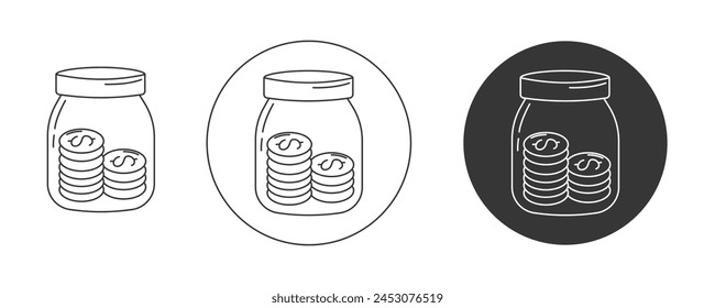 Savings jar with stacks of coins, dollar sign. Vector icon set, editable stroke. Flat line, pictogram. Finance and business concept. For app, website, ui. Isolated background.