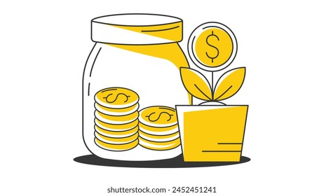 Savings jar with stacks of coins and growing money tree. Saving money creative concept. Business and finance, budget planning vector illustration, flat style. For poster, sticker, icon, advertisement