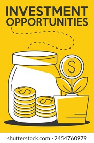 Savings jar with stacks of coins and growing money tree, vector minimalist poster, a4 format. Budget savings, manage money, investment opportunities creative concept. For banner, advertisement, cover