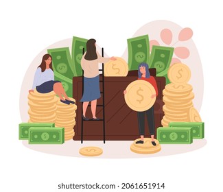 Savings keeping concept. Girls fill everything with coins. Financial literacy, investments, savings. Dollars, earnings, frugality, patience. Big wallet with money. Cartoon flat vector illustration