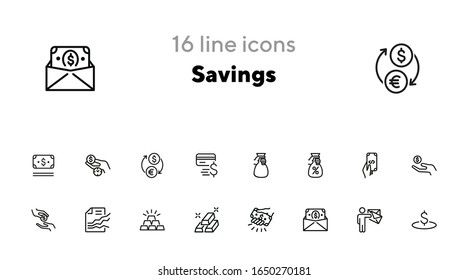 Savings line icon set. Deposit, cash, gold bars. Finance concept. Can be used for topics like banking, investment, money