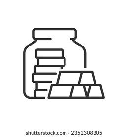 Savings, linear icon. Gold bars and jar. Line with editable stroke
