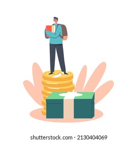 Savings or Loan for Education. Tiny Student Male Character with Backpack and Books Stand on Huge Pile of Coins or Paper Currency Bills. Young Man Collect Money for Pension. Cartoon Vector Illustration