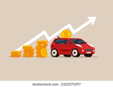 Savings money of coins to buy a car, concept for property. Flat vector illustration