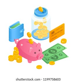 Savings money concept illustration in isometric 3D design. Piggy bank, jar of money, cash, coins, wallet with money collection  vector icons.