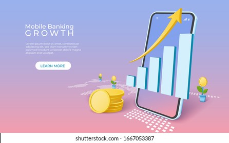 Savings money and investing concept. growth charts and arrow with smartphone. mobile application banking vector illustration