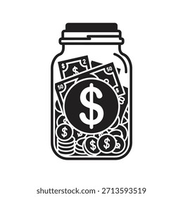 Savings money jar solid black vector icon isolated white background financial investment glass container dollar coins symbol design illustration