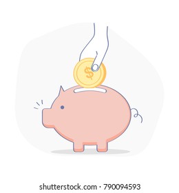 Savings, Pig icon, Money Savings vector concept. The hand puts money, coin inside the piggy bank. Contribution, money protection, deposit, business symbol. Flat outline design element,
