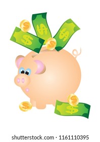 Savings with Piggy Bank Cash Bills Notes Currency Coins Color vector Illustration