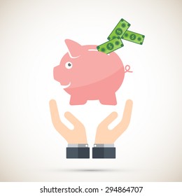 Savings  - Piggy bank icon with hands.Flat icon background with masses of copy space for your text.