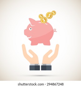 Savings - Piggy bank icon with hands.Flat icon background with masses of copy space for your text.