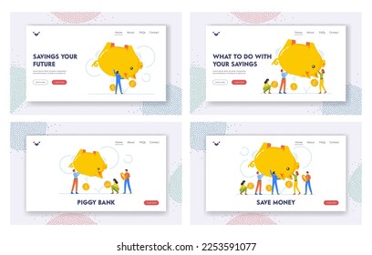 Savings in Piggy Bank Landing Page Template Set. Tiny Characters Shaking Huge Moneybox. Budget, Finance Investment Concept with People Collecting Money or Taking Cash. Cartoon Vector Illustration