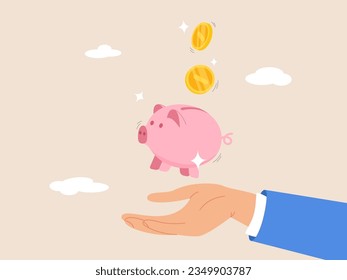 Ahorros para la prosperidad o el éxito financiero. Frugalidad, creación de riqueza o prosperidad, presupuestación o reducción del gasto para ahorrar dinero para el concepto futuro, las monedas en dólares caen en manos de un banco de cerdos.