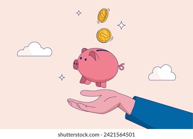 Savings for prosperity or financial success. Frugality, building wealth or thrifty, budgeting or cut spending to save money for future concept, money dollar coins drop into hand holding piggy bank.