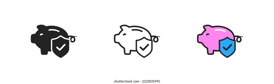 Savings protect icon on white background.Piggy bank behind shield. Insurance of finances. Investment, crisis, inflation symbol. Flat design. Vector illustration.