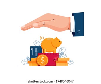 Savings protection vector illustration. Business hand covers the wealth, protects from risks, crisis, provides security. Insurance, money protection, finance safety concept. Flat style