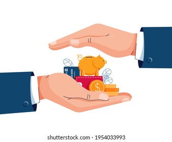 Savings protection vector illustration. Insurance agent is holding hands over the money to protect wealth. Money protection, financial saving insurance, safe business concept. Flat style