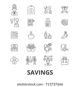 Savings, save money, piggy bank, money, sale, investment, discount, bank, coupon line icons. Editable strokes. Flat design vector illustration symbol concept. Linear isolated signs