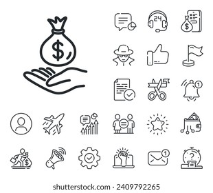 Savings sign. Salaryman, gender equality and alert bell outline icons. Income money line icon. Save finance symbol. Income money line sign. Spy or profile placeholder icon. Vector