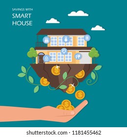 Savings with smart house concept vector flat illustration. House with automated home security, lighting and other systems controlled remotely, dollar coins falling out of building into human hand.