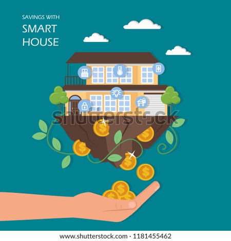Savings with smart house concept vector flat illustration. House with automated home security, lighting and other systems controlled remotely, dollar coins falling out of building into human hand.