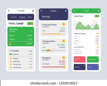 Savings Tracker Concept UI, UX, GUI screens and flat web icons for mobile apps, responsive app for money goals, budgeting finance, income and progress tracking