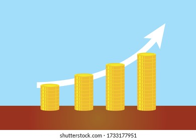 Savings vector concept: increasing stack of coins below the white arrow
