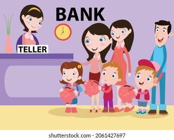 Savings vector concept: Parents teaching their children to save their money in the bank while carrying piggy bank