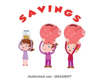 Savings vector concept: Three children holding their piggy bank and glass jar with savings text