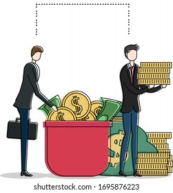 Concepto vectorial de ahorro con dos figuras masculinas usando trajes mientras guardan su dinero en la olla roja, aislados en fondo blanco