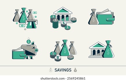 Savings vector detailed icons set, money and finance theme, retirement savings, bank deposit, cash money, wealth and riches.