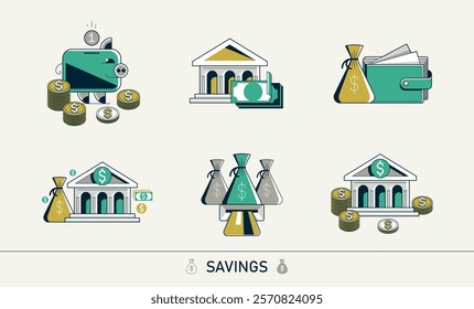 Savings vector detailed icons set, money and finance theme, retirement savings, bank deposit, cash money, wealth and riches.