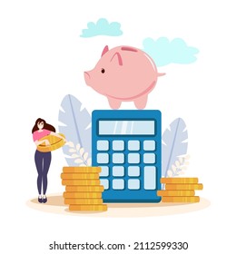 Savings. Woman and piggy bank, calculator, gold coin. Happy people. Investing, finance, economy, loan, budget planning concept. Modern flat design. Vector illustration