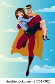 Savior 3: Illustration of flying superhero carrying woman in his arms. No transparency used. Basic linear gradients used for the sky and clouds. 