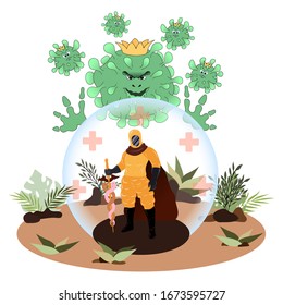 The savior came. Vaccine against the covid-19 coronavirus, 2019-ncov. The virus infects a person. Protect from viruses infections. The virus will not pass. Flat Cartoon Vector Illustration.