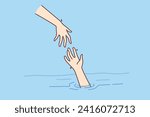 Savior hand helps drowning man get out of water, for concept getting into trouble and importance of helping those in need. Drowning person raises palm as metaphor for business bankruptcy or job loss